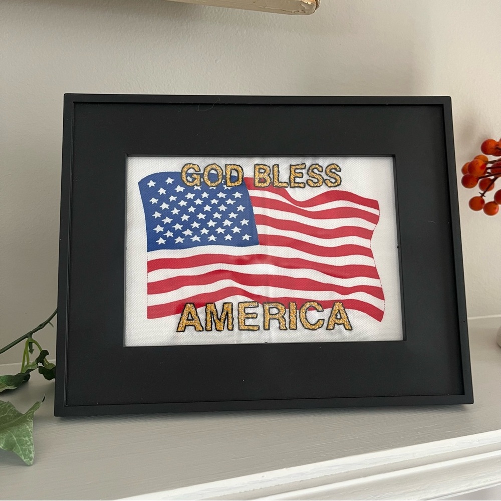 God Bless America Cross Stitch Framed Art Handmade